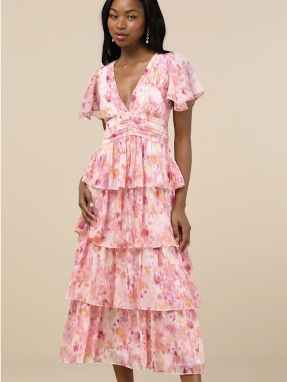 Lulus Women's Pink Tiered Floral Midi Dress